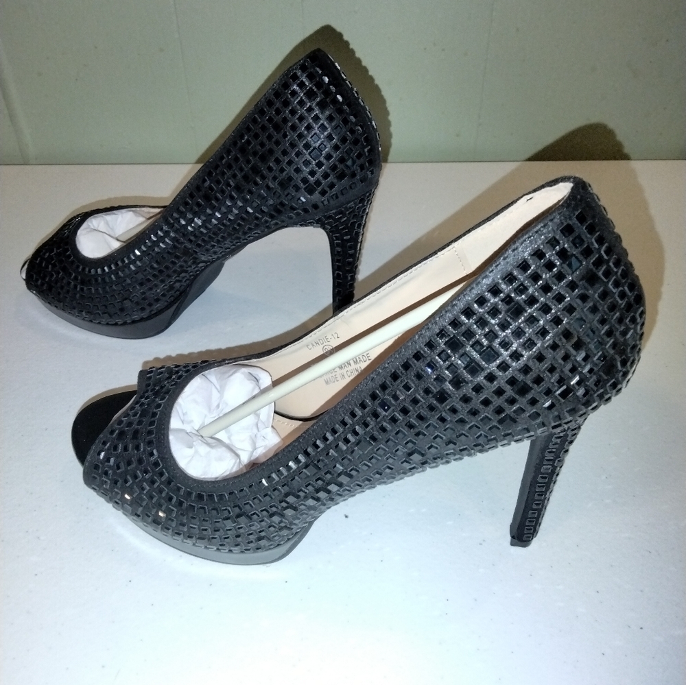 Lauren Lorraine women's black rhinestone candie peep toe heels 9 1/2